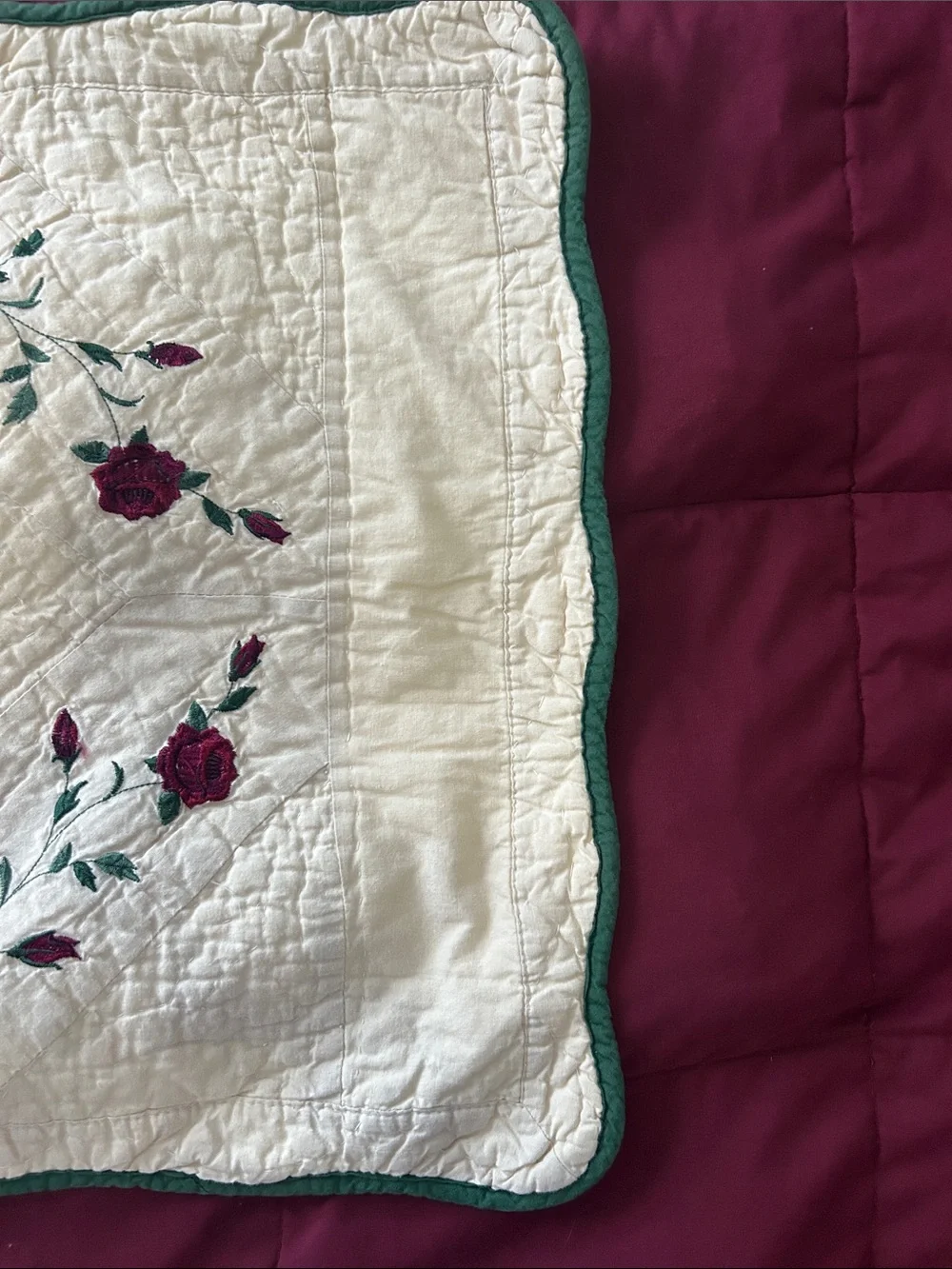 Embroidered Rose Quilted Pillow Sham Set - Cream with Burgundy & Green